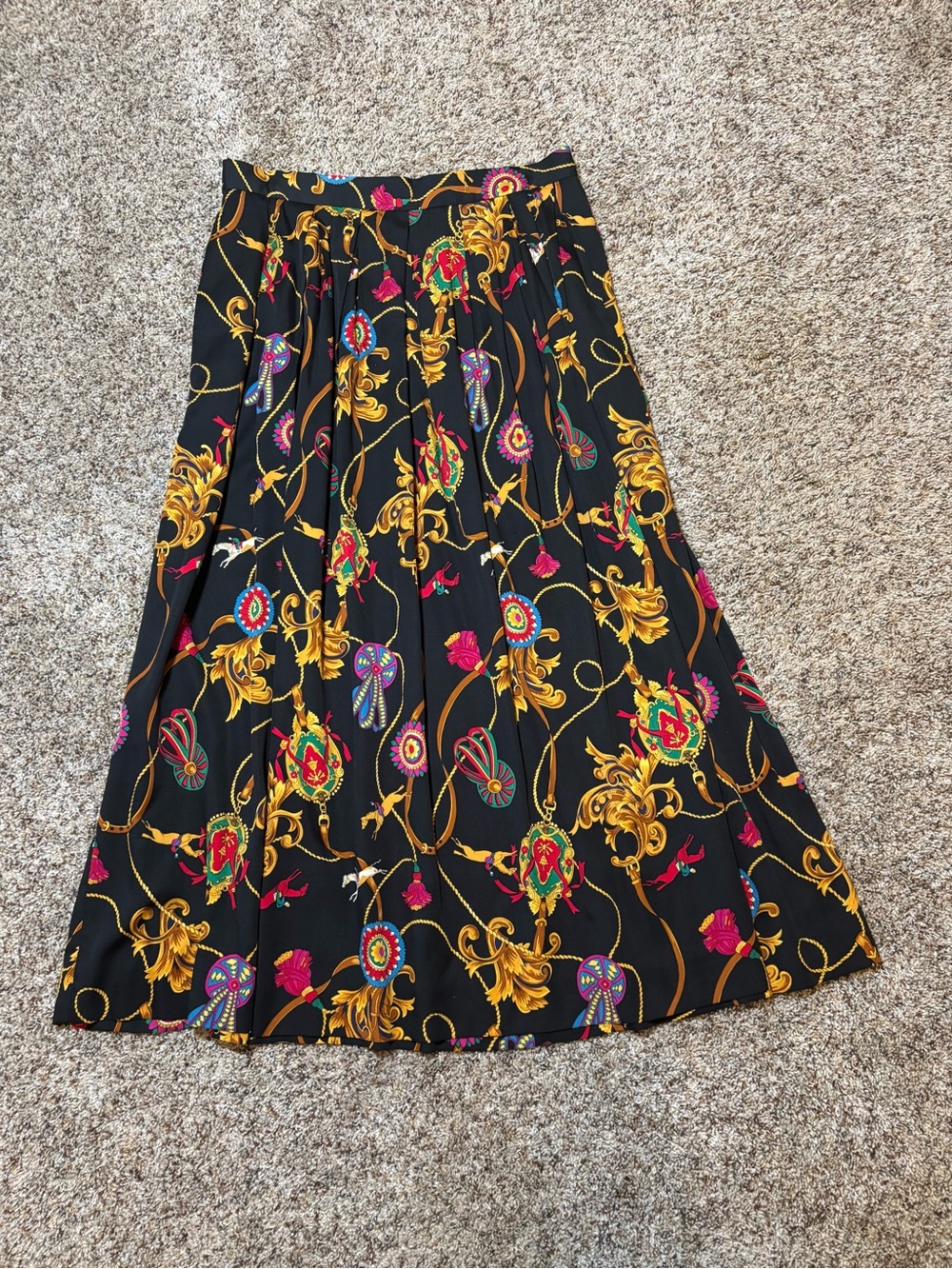 333. Susan Bristol Black Midi Skirt with Gold Baroque & Floral Motifs, Size 14